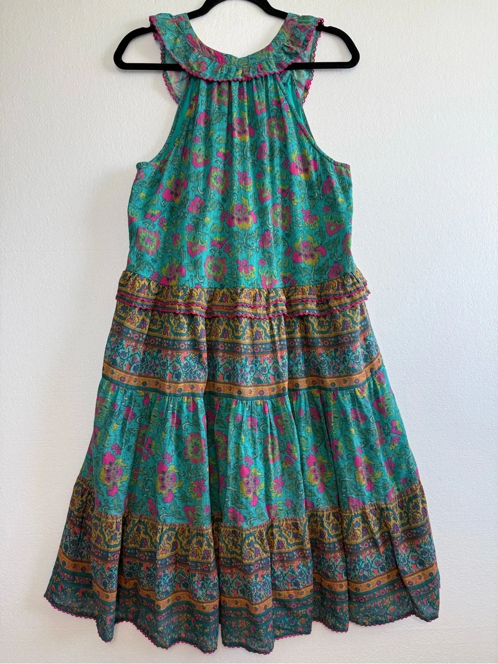 Sundance Dalis Ruffles Sleeveless Midi Dress Teal Turquoise Floral V Neck Size M